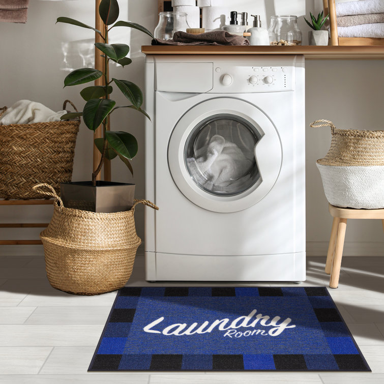 Blue Rectangular Non-Slip Rubberback Laundry Room Rug
