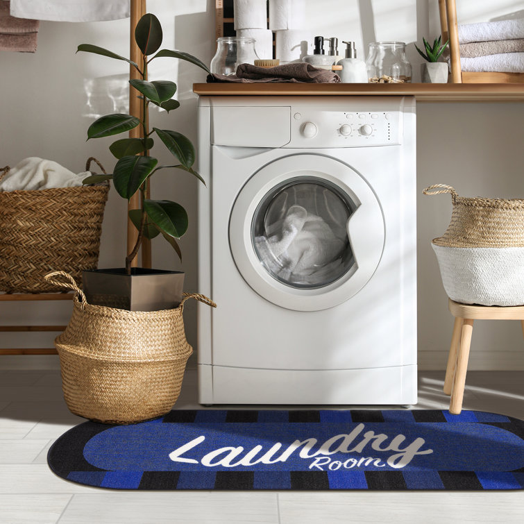 Blue Rectangular Non-Slip Rubberback Laundry Room Rug