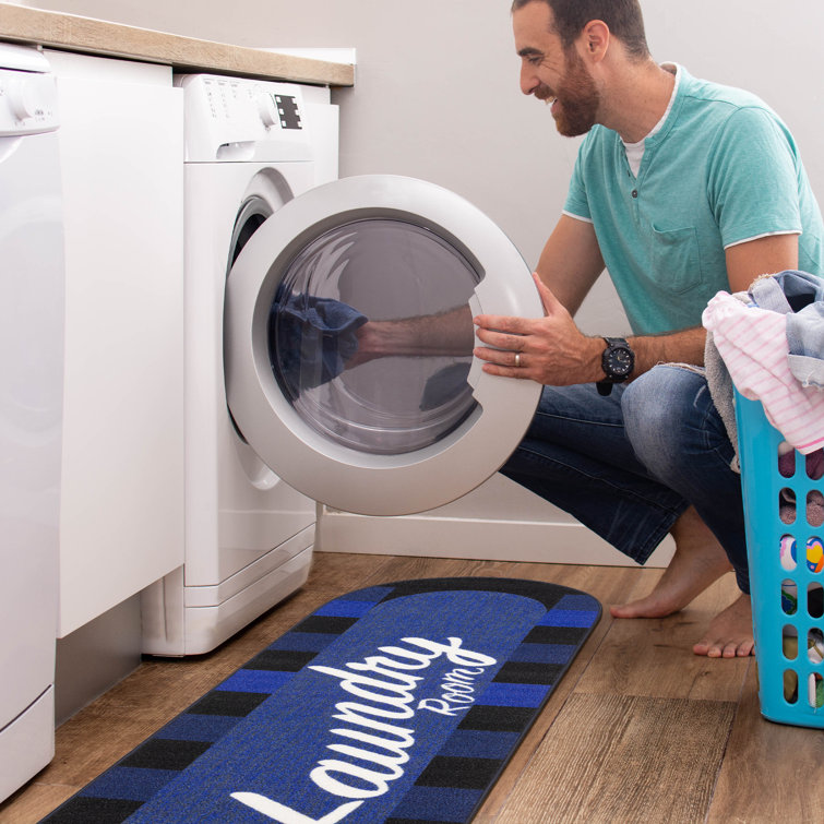Blue Rectangular Non-Slip Rubberback Laundry Room Rug