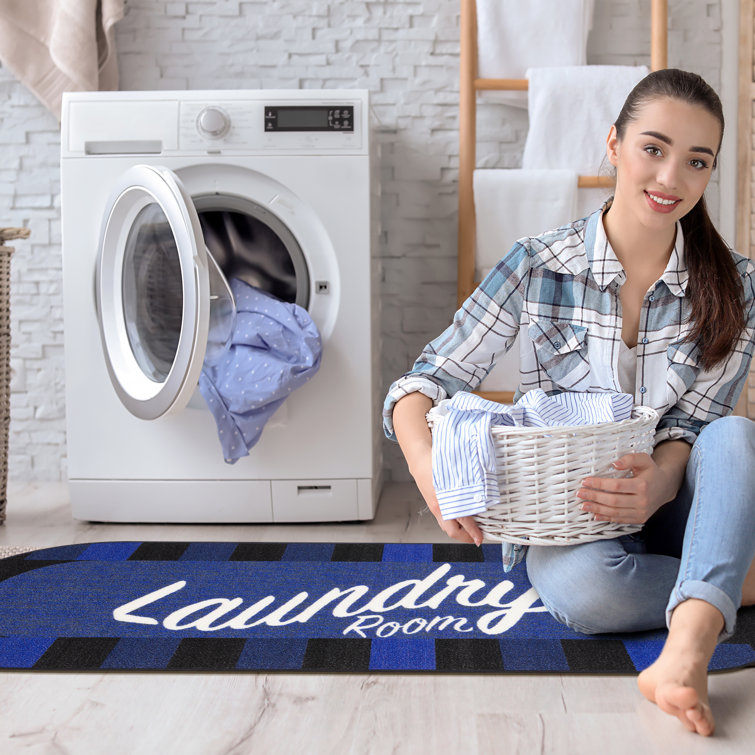 Blue Rectangular Non-Slip Rubberback Laundry Room Rug