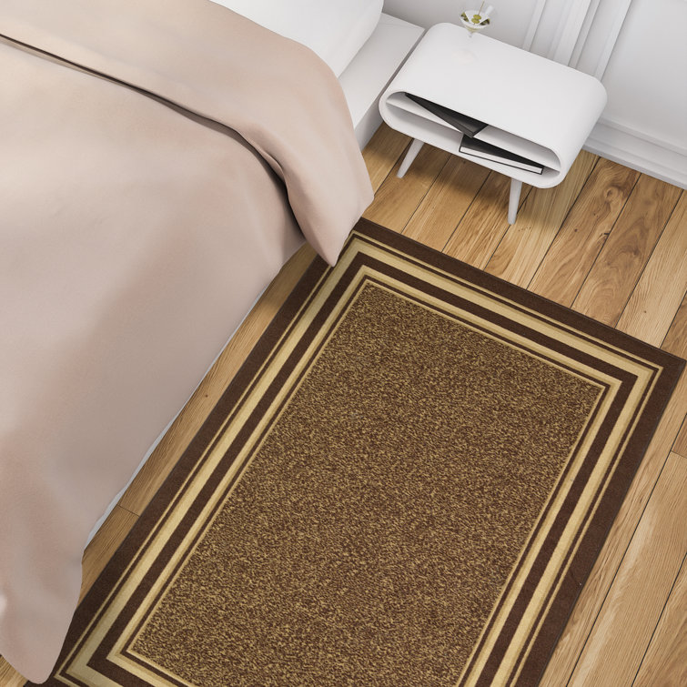 Brown and Beige Bordered Non-Slip Synthetic Area Rug
