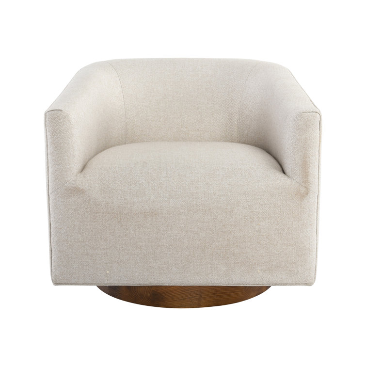 French Beige Basketweave Swivel Accent Chair with Wood Base