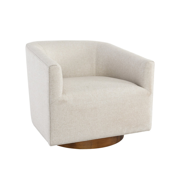 French Beige Basketweave Swivel Accent Chair with Wood Base