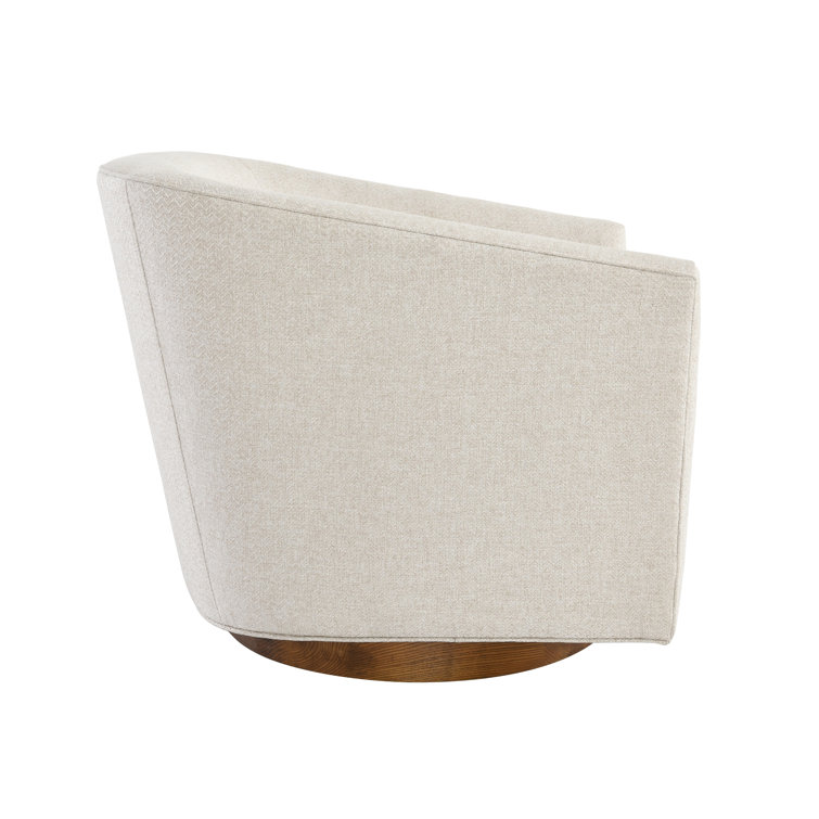 French Beige Basketweave Swivel Accent Chair with Wood Base