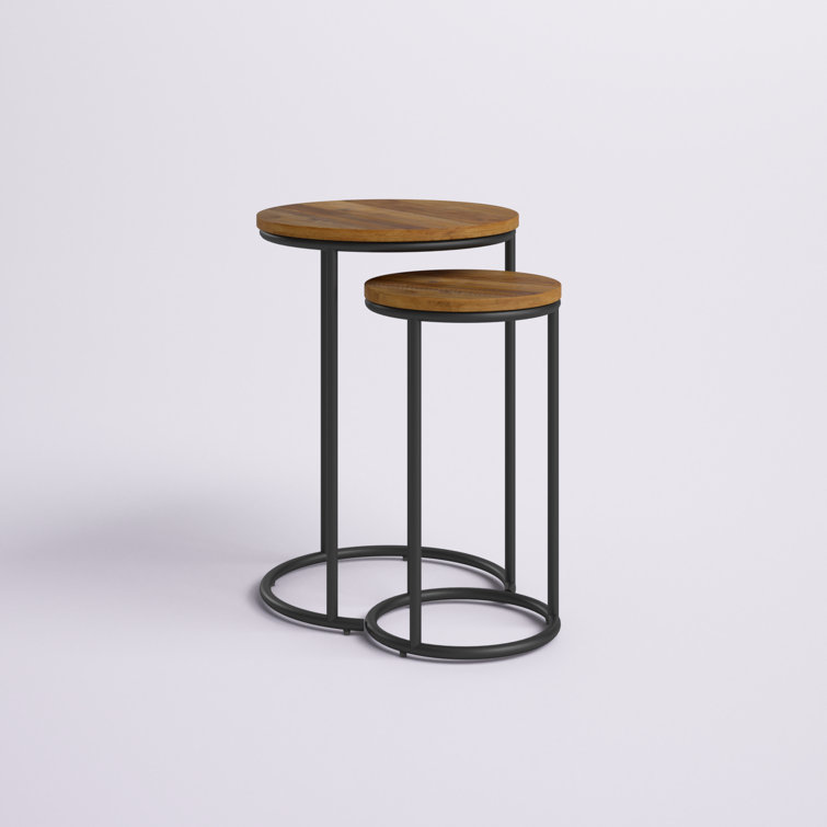 Fort Worth Natural Wood and Black Metal Round Nesting Side Tables