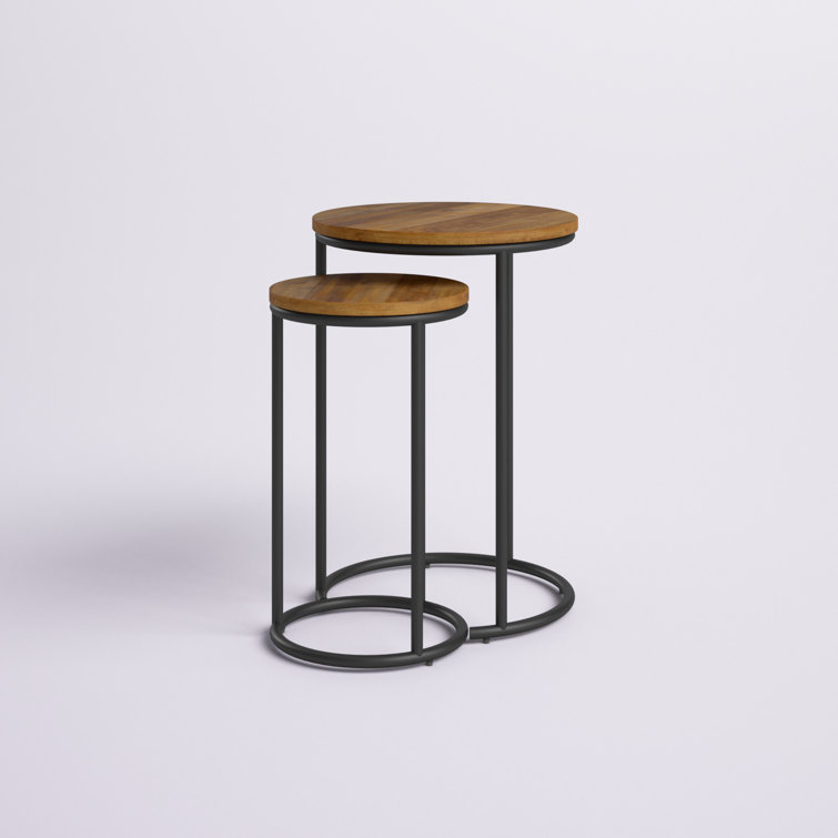 Fort Worth Natural Wood and Black Metal Round Nesting Side Tables