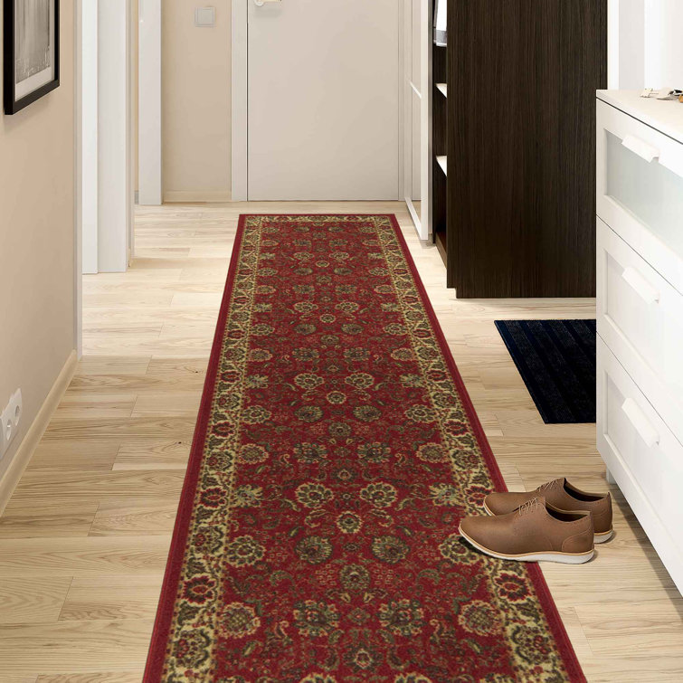 Dark Red Floral Non-Slip Synthetic Runner Rug