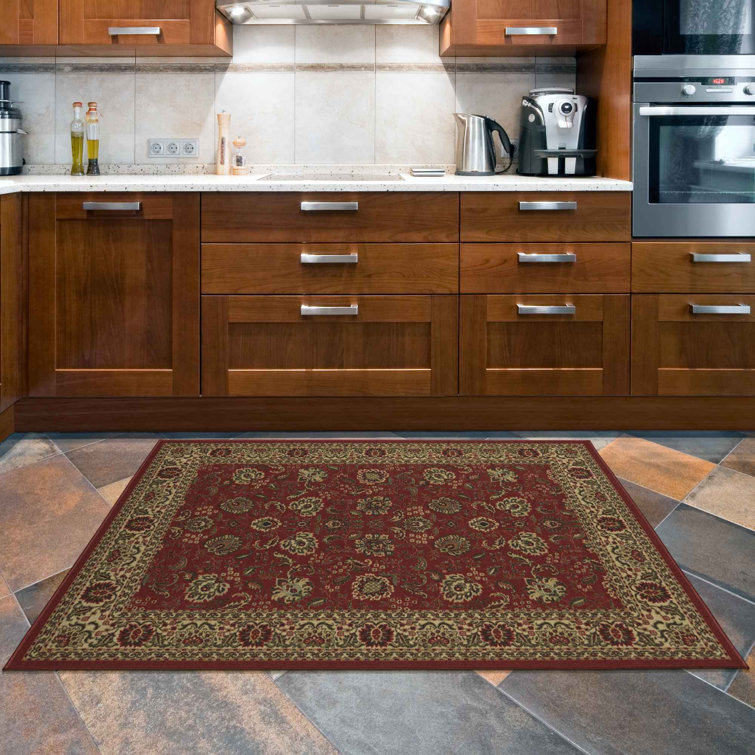 Dark Red Traditional Floral Non-Slip Synthetic Area Rug