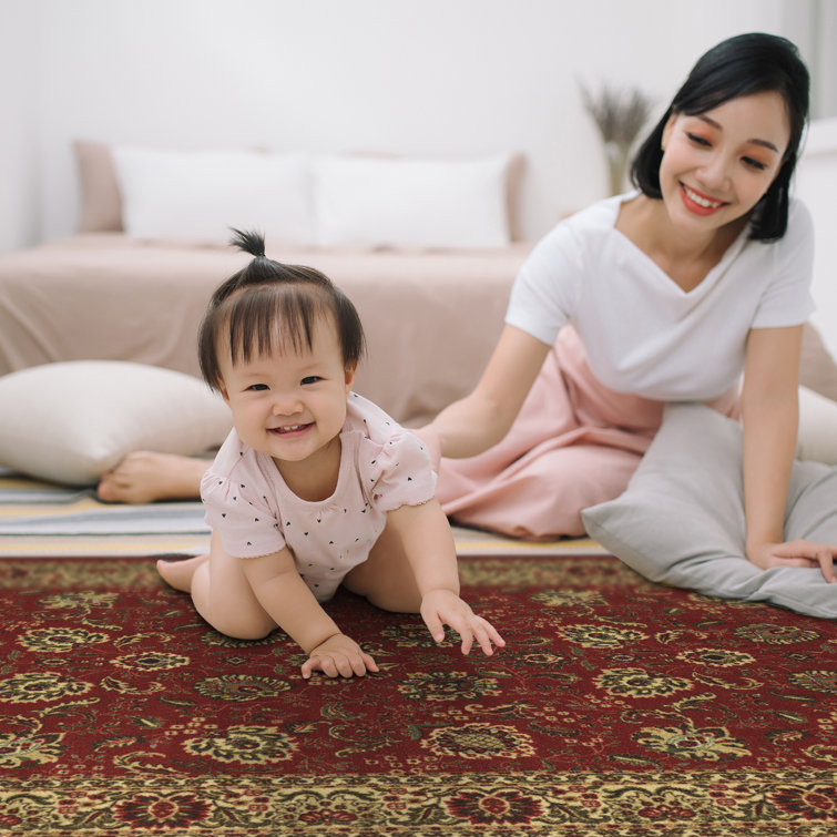 Dark Red Traditional Floral Non-Slip Synthetic Area Rug
