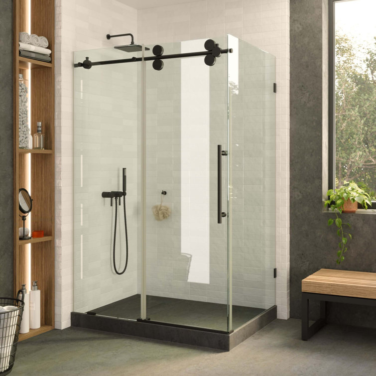 60'' Black Frameless Sliding Shower Door with Tempered Glass