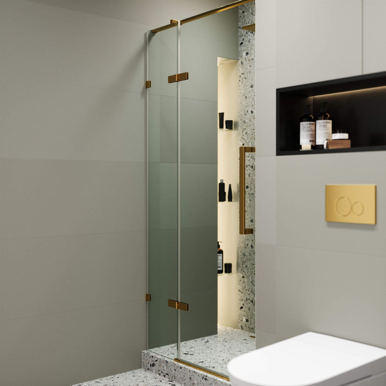 Satin Brass Hinged Frameless Shower Door with Clear Tempered Glass