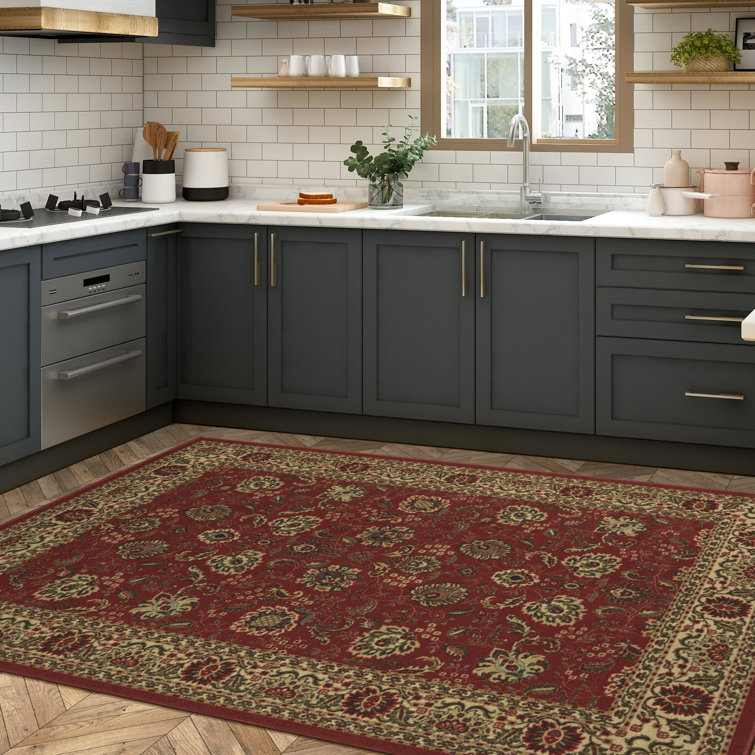 Dark Red Floral Synthetic Traditional Area Rug, 5' x 6'6"