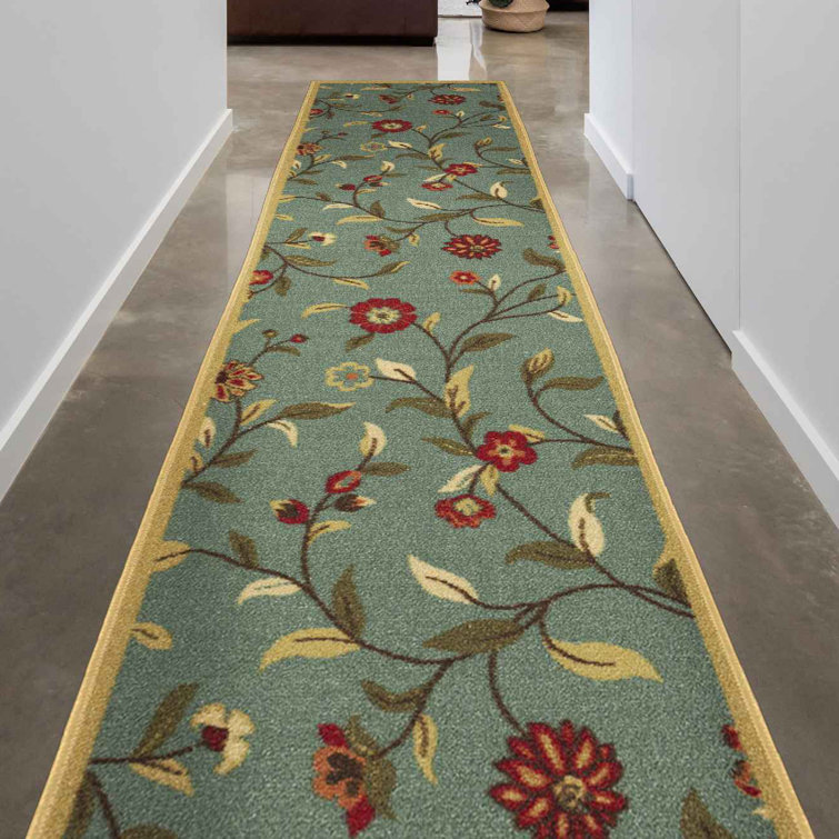 Seafoam Green Floral Non-Slip Hallway Runner Rug
