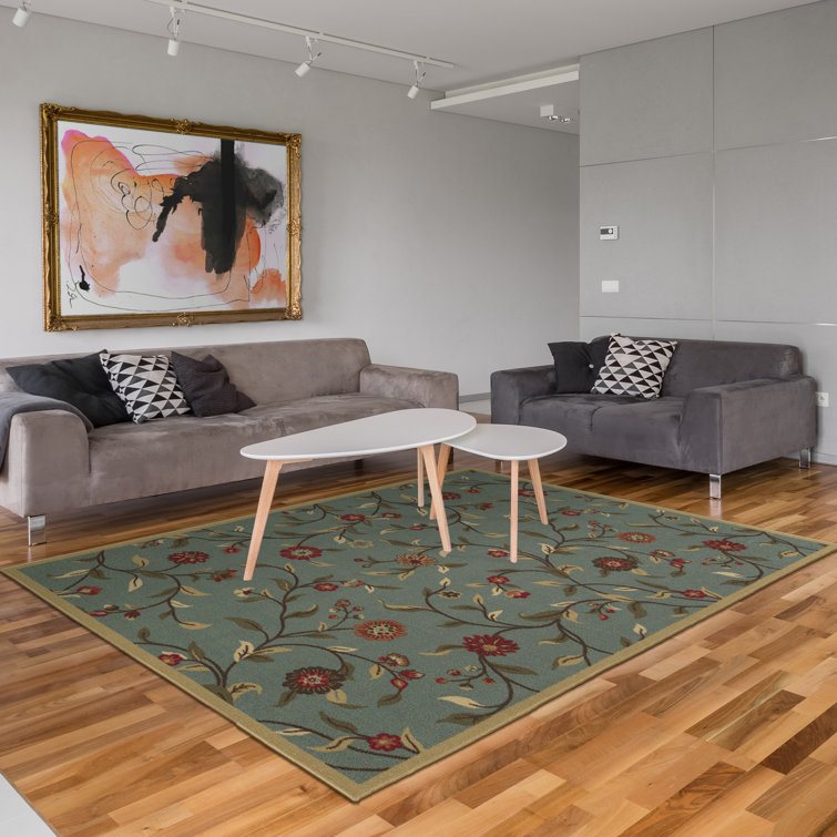 Seafoam Green Floral Design Washable Non-Slip Area Rug
