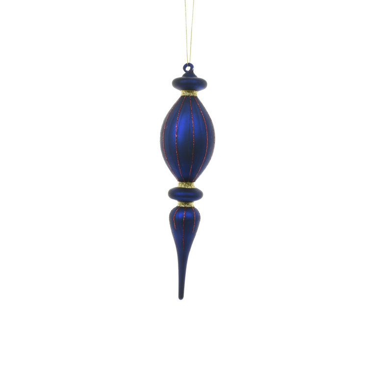Royal Blue Glass Finial Ornament with Red and Gold Glitter