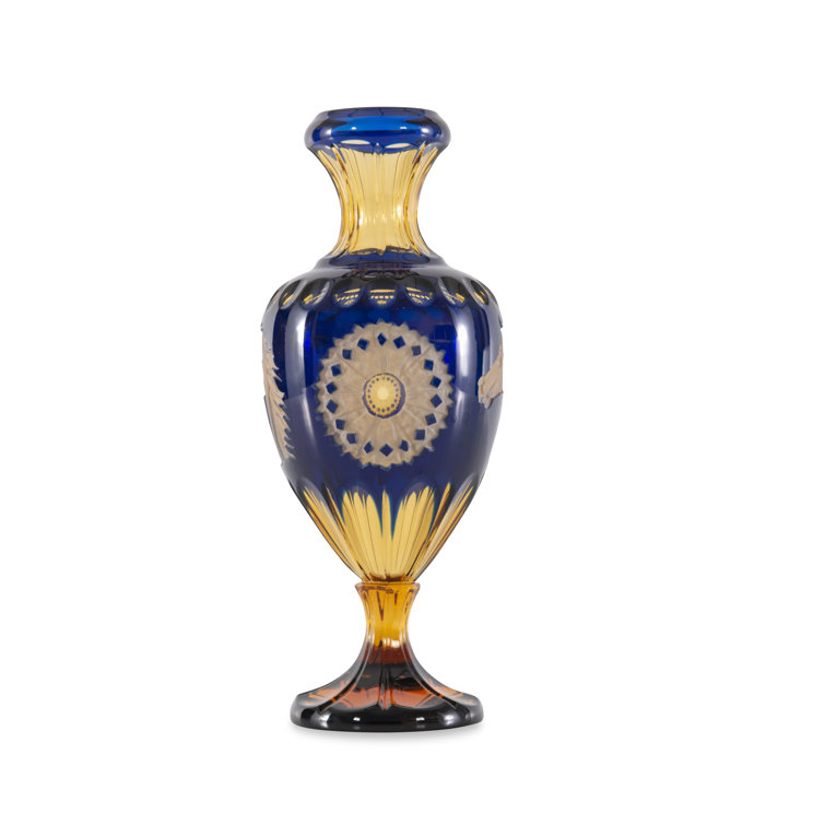 Amber and Blue Crystal Vase with Hand Carved Designs