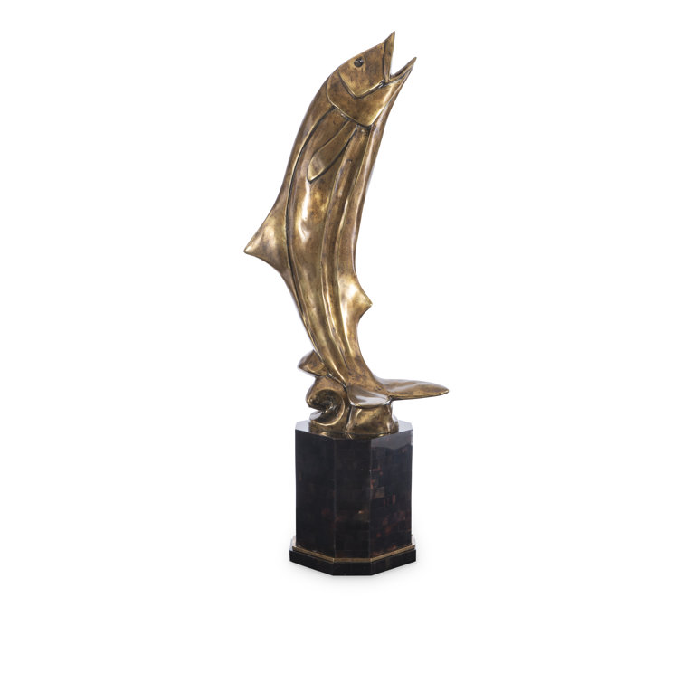 Tall Brass Fish Statue on Marble Base