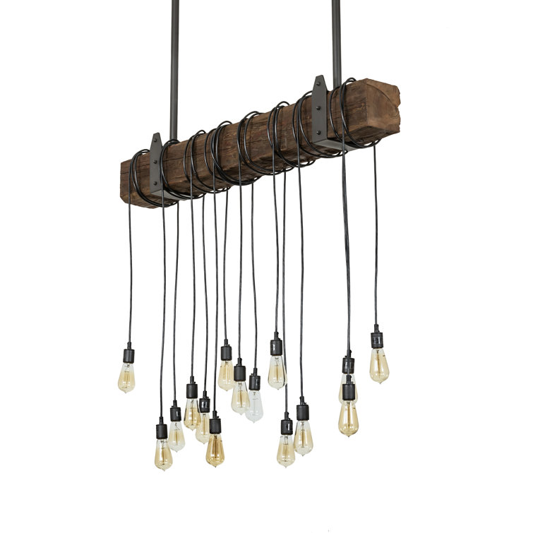 Rustic Wood Beam 15-Light Black Pendant Chandelier