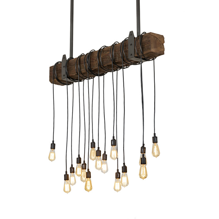Rustic Wood Beam 15-Light Black Pendant Chandelier