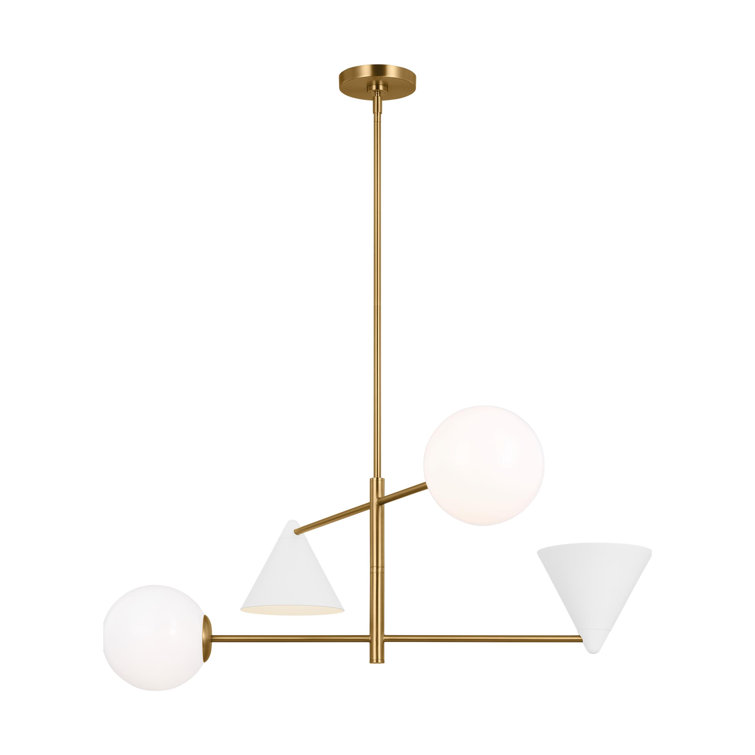 Matte White and Burnished Brass 4-Light Geometric Chandelier