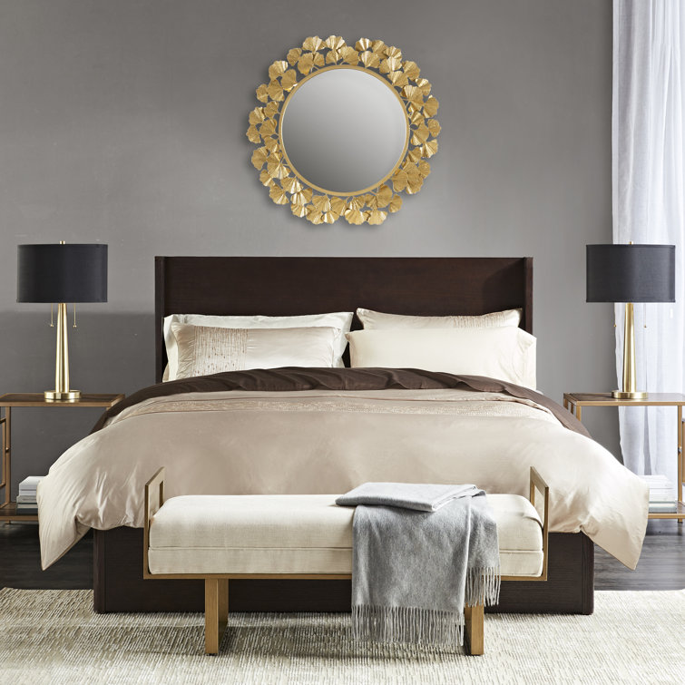 Luxurious Eden Gold Ginkgo Leaf Round Wood Wall Mirror 31"