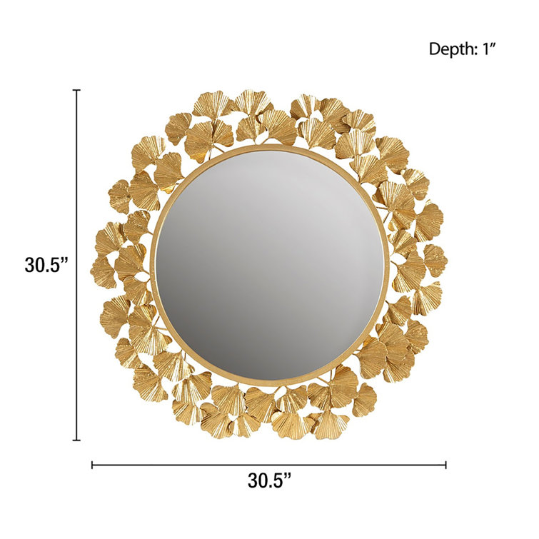 Luxurious Eden Gold Ginkgo Leaf Round Wood Wall Mirror 31"