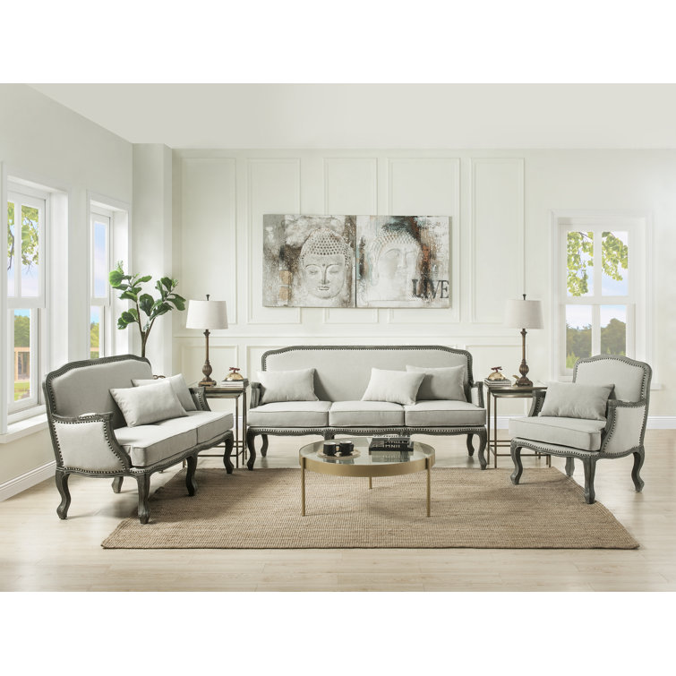 56" Cream Linen and Brown Wood Nailhead Loveseat