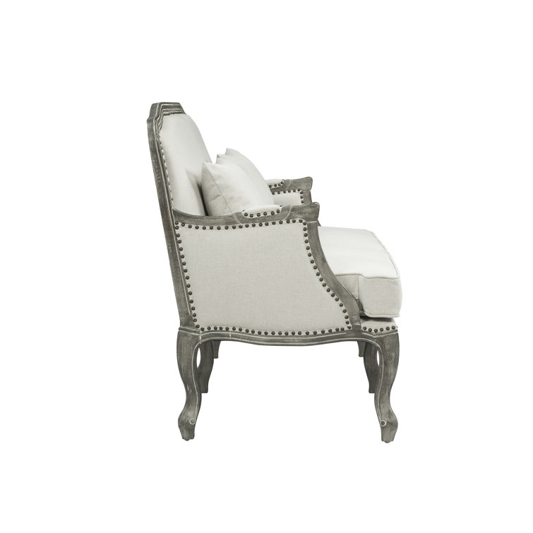 56" Cream Linen and Brown Wood Nailhead Loveseat