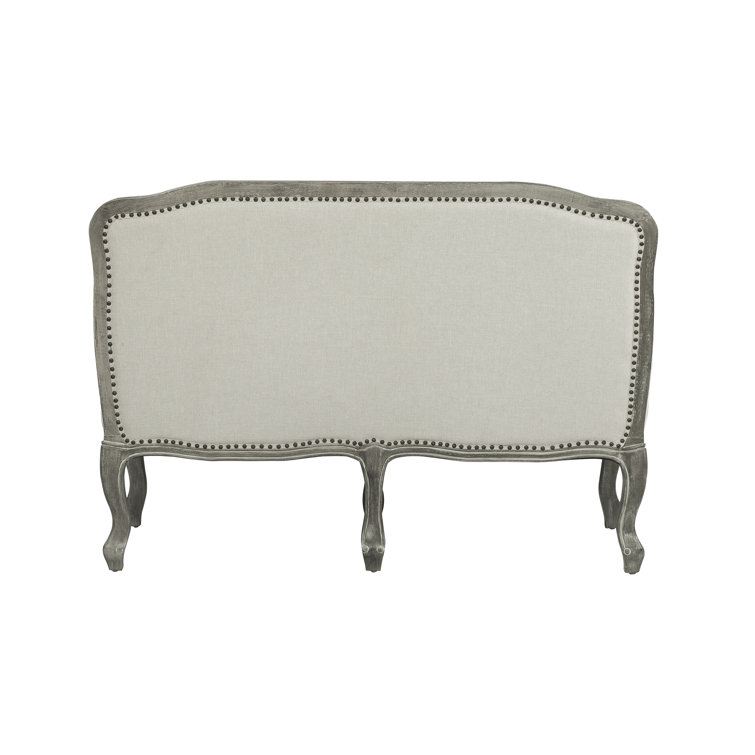 56" Cream Linen and Brown Wood Nailhead Loveseat