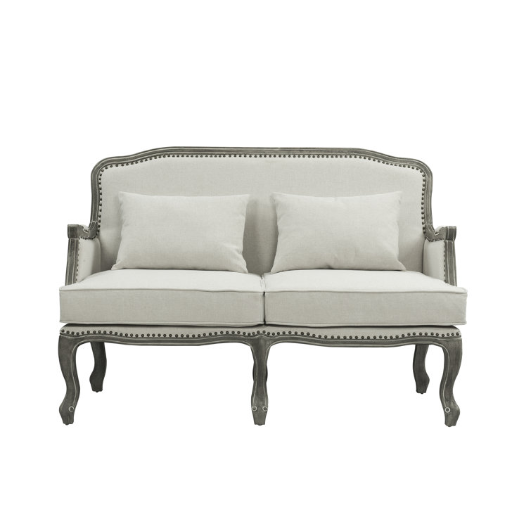 56" Cream Linen and Brown Wood Nailhead Loveseat
