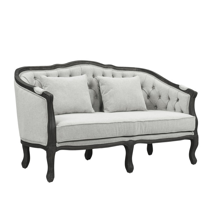 64" Gray Linen Camel-Back Sofa with Dark Brown Carved Wood Frame