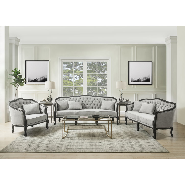 Gray and Dark Brown Linen Upholstered Armchair with Wooden Frame