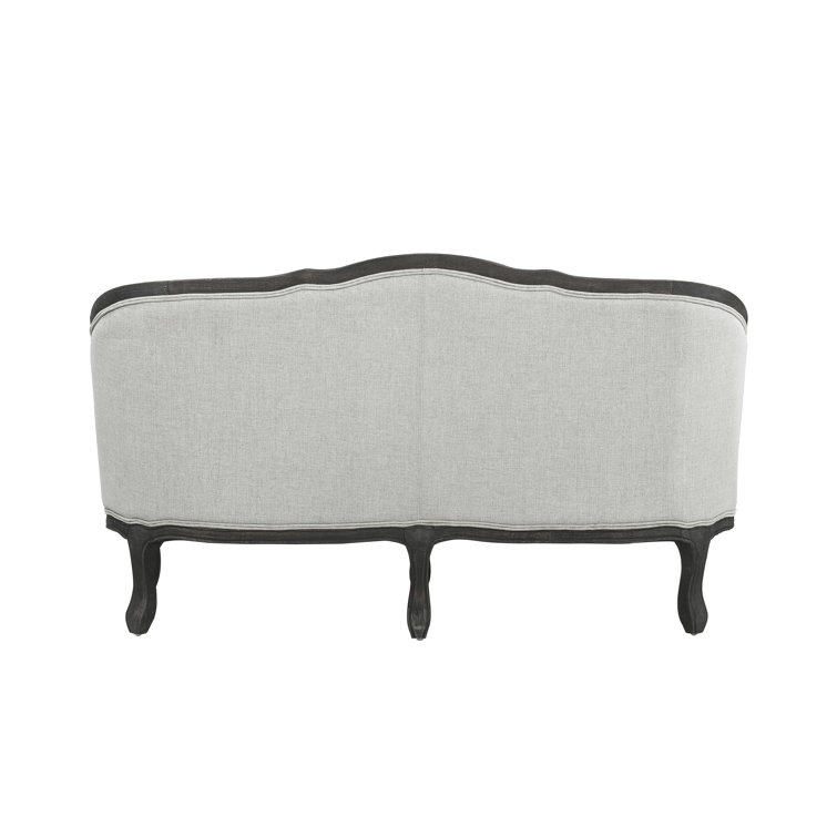 64" Gray Linen Camel-Back Sofa with Dark Brown Carved Wood Frame