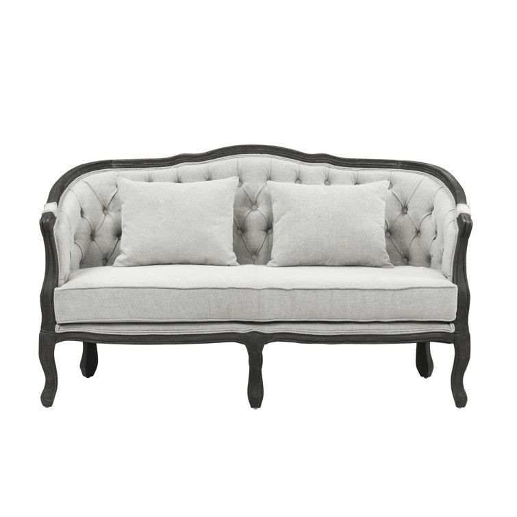 64" Gray Linen Camel-Back Sofa with Dark Brown Carved Wood Frame