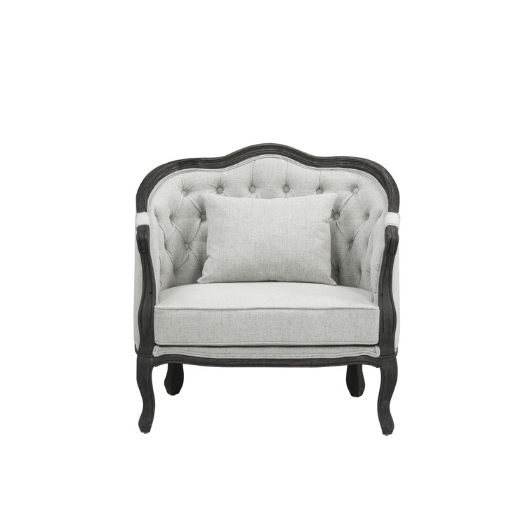 Gray and Dark Brown Linen Upholstered Armchair with Wooden Frame