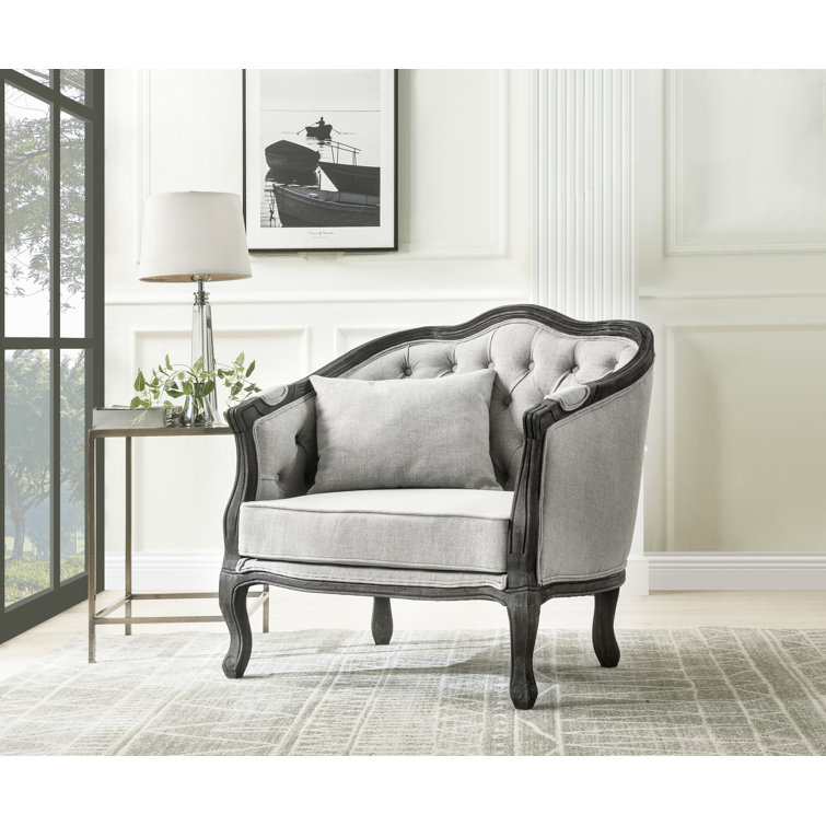 Gray and Dark Brown Linen Upholstered Armchair with Wooden Frame