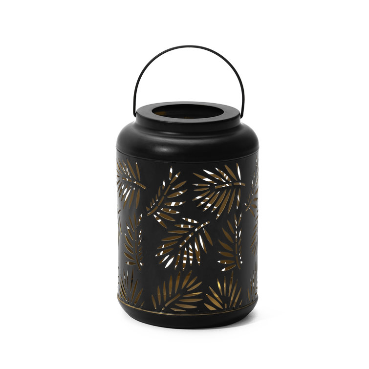 Black Metal Cylinder Solar Powered Outdoor Lantern with Leaf Cutouts