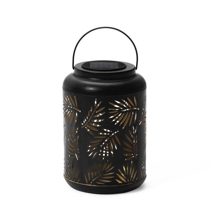 Black Metal Cylinder Solar Powered Outdoor Lantern with Leaf Cutouts