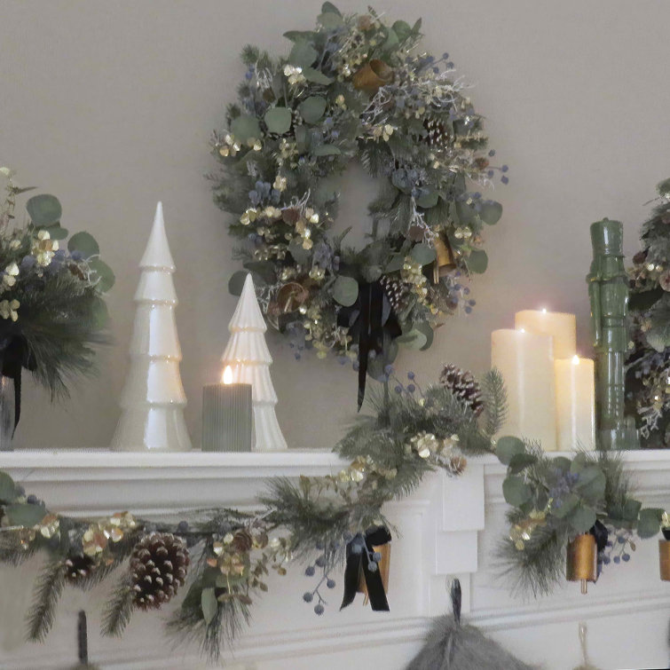 28'' Blue and Gold Artificial Christmas Wreath with Pinecones and Bells