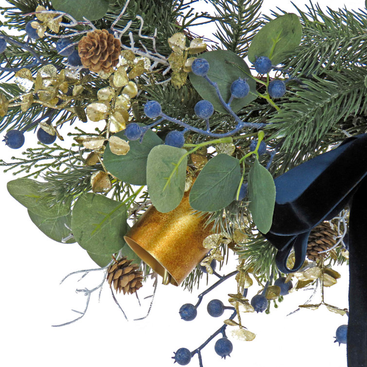28'' Blue and Gold Artificial Christmas Wreath with Pinecones and Bells