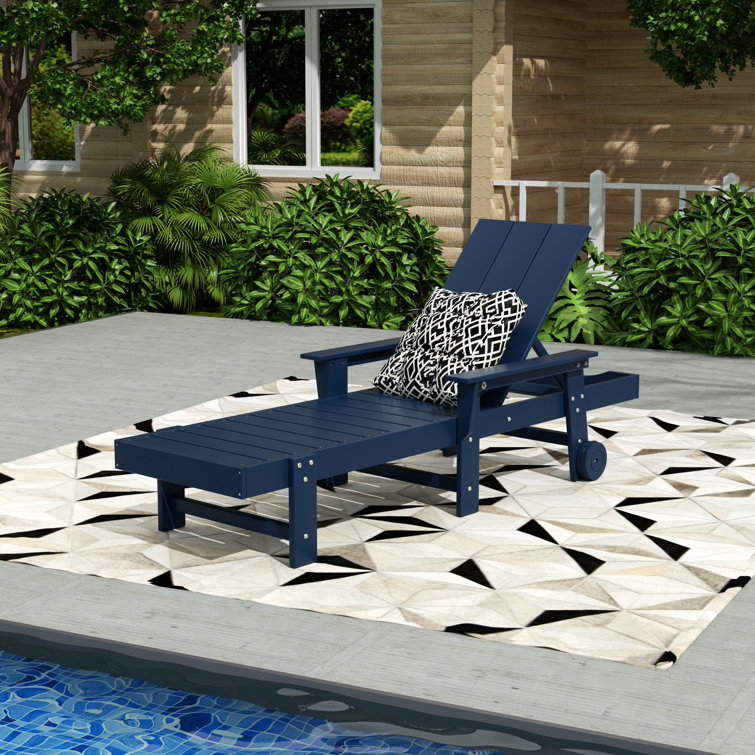 Navy Blue Eco-Friendly Adjustable Outdoor Chaise Lounge with Arms and Wheels