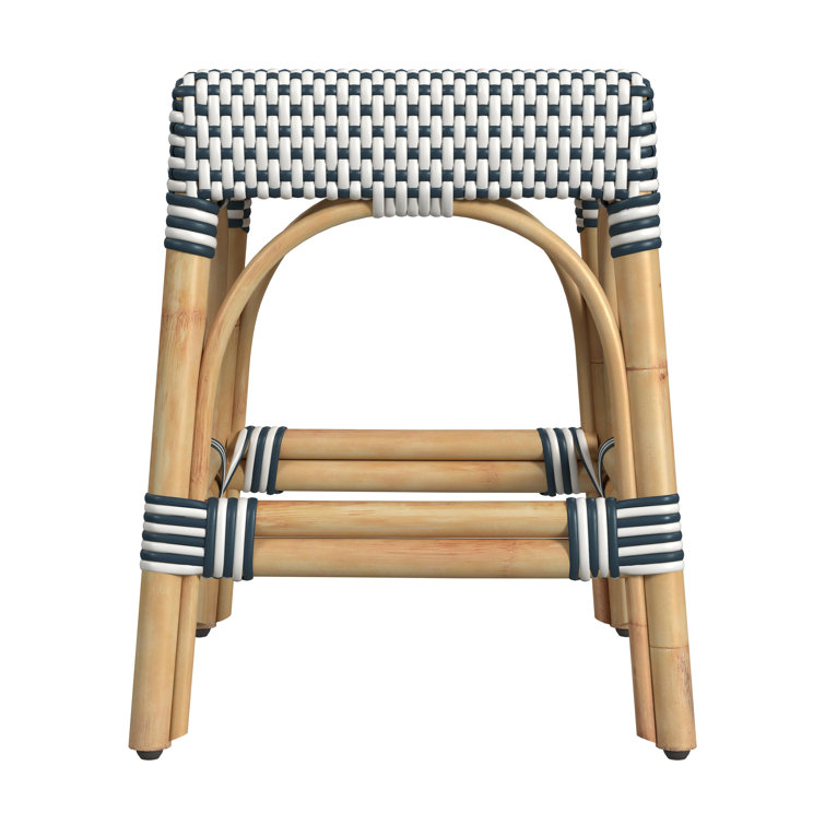 White and Navy Dot Natural Rattan Backless Stool