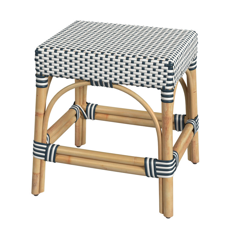 White and Navy Dot Natural Rattan Backless Stool