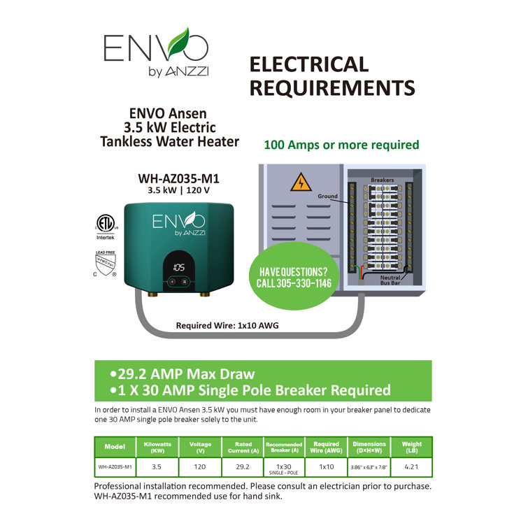 ENVO Ansen 3.5 kW Compact Electric Tankless Water Heater