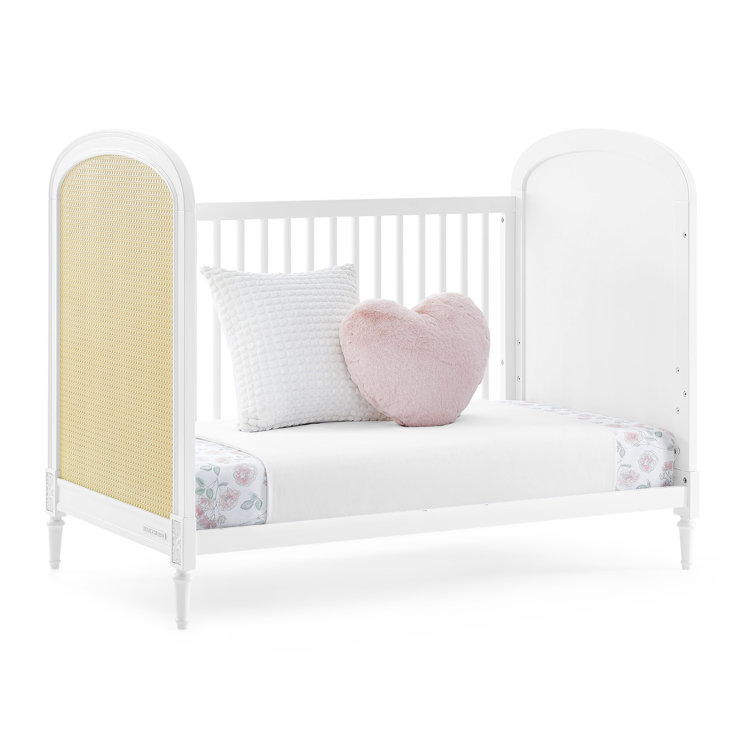 White and Natural Wood Convertible Toddler Crib with Cane Panels