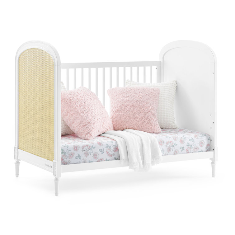 White and Natural Wood Convertible Toddler Crib with Cane Panels