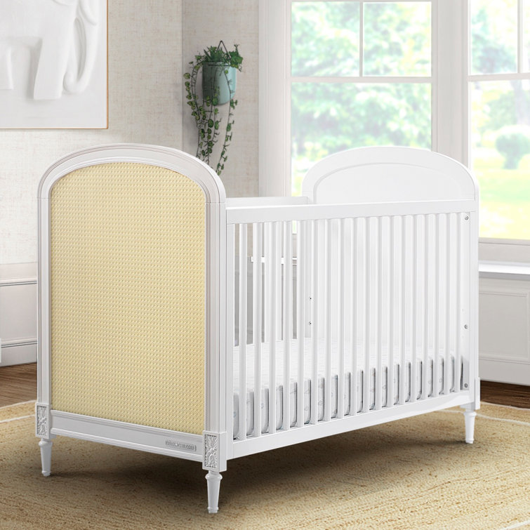 White and Natural Wood Convertible Toddler Crib with Cane Panels