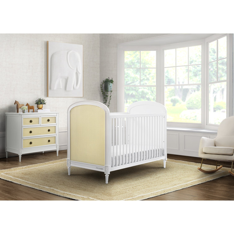 White and Natural Wood Convertible Toddler Crib with Cane Panels