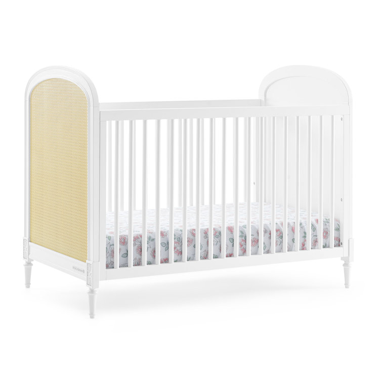 White and Natural Wood Convertible Toddler Crib with Cane Panels