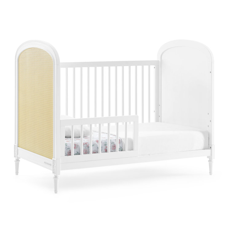 White and Natural Wood Convertible Toddler Crib with Cane Panels